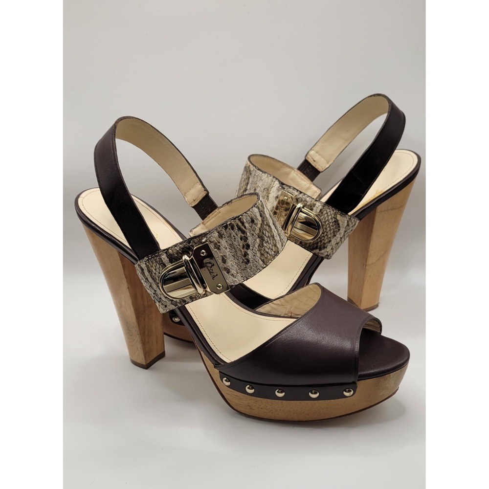 Brown Leather with Snake Print strap & Wooden Heel Coach Platform Sandal Sz 9.5